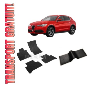 Set 5 covorase ALFA ROMEO STELVIO din 01.2017-PREZENT, cu covoras tunel median, CAROSERIE SUV, Presuri cauciuc 100%, compatibil cu autoturismul ALFA ROMEO STELVIO, Rigum