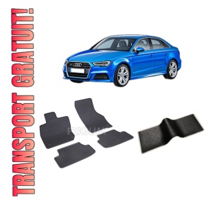 Set 5 covorase AUDI A3 8Y din 04.2020-PREZENT, cu covoras tunel median, CAROSERIE SEDAN, Presuri cauciuc 100%, compatibil cu autoturismul AUDI A3 8Y, Rigum