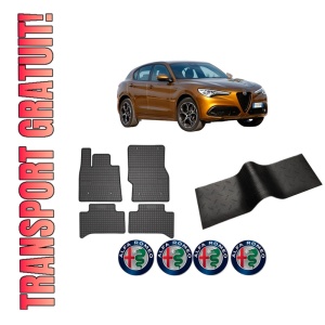 Set 5 covorase auto ALFA ROMEO STELVIO (949_) din 2012-2020, cu covoras tunel median, presuri auto din cauciuc, 4x Stickere auto cu ALFA ROMEO