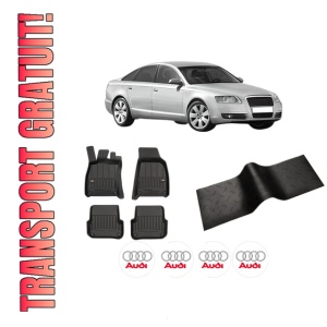 Set 5 covorase auto AUDI A6 C6 (4F2) din 2008-2017, cu covoras tunel median, presuri auto din cauciuc, 4x Stickere auto cu AUDI