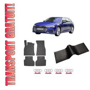 Set 5 covorase auto AUDI A6 C8 Avant (4A5) din 2004-2013, cu covoras tunel median, presuri auto din cauciuc, 4x Stickere auto cu AUDI