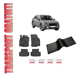 Set 5 covorase auto AUDI Q2 din 2012-2020, cu covoras tunel median, presuri auto din cauciuc, 4x Stickere auto cu AUDI