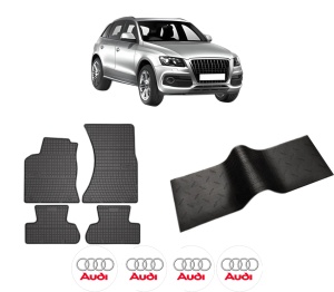 Set 5 covorase auto AUDI Q5 (8RB) din 2007, cu covoras tunel median, presuri auto din cauciuc, 4x Stickere auto cu AUDI - Img 2