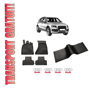 Set 5 covorase auto AUDI Q5 (8RB) din 2007, cu covoras tunel median, presuri auto din cauciuc, 4x Stickere auto cu AUDI