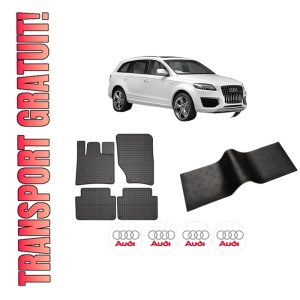 Set 5 covorase auto AUDI Q7 (4LB) din 2004-2008, cu covoras tunel median, presuri auto din cauciuc, 4x Stickere auto cu AUDI