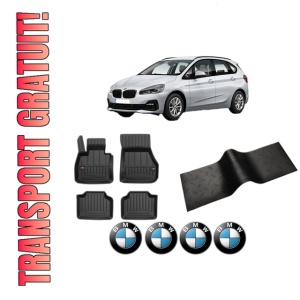 Set 5 covorase auto BMW Seria 2 Active Tourer (F45) din 2010-2019, cu covoras tunel median, presuri auto din cauciuc, 4x Stickere auto cu BMW