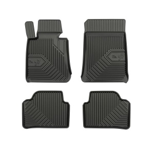 Set 5 covorase auto BMW Seria 3 (E90) din 1998-2010, cu covoras tunel median, presuri auto din cauciuc, 4x Stickere auto cu BMW - Img 3