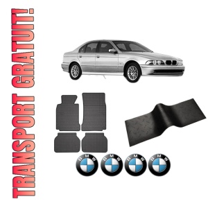Set 5 covorase auto BMW Seria 5 (E39) din 2016-2020, cu covoras tunel median, presuri auto din cauciuc, 4x Stickere auto cu BMW