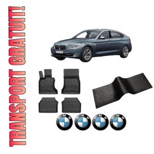 Set 5 covorase auto BMW Seria 5 Gran Turismo (F07) din 2015-2016, cu covoras tunel median, presuri auto din cauciuc, 4x Stickere auto cu BMW