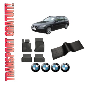 Set 5 covorase auto BMW Seria 5 Touring (E61) din 2008-2015, cu covoras tunel median, presuri auto din cauciuc, 4x Stickere auto cu BMW