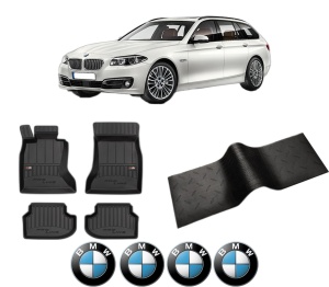 Set 5 covorase auto BMW Seria 5 Touring (F11) din 2014-2019, cu covoras tunel median, presuri auto din cauciuc, 4x Stickere auto cu BMW - Img 2