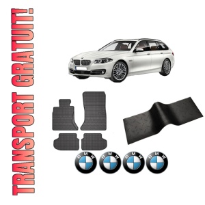 Set 5 covorase auto BMW Seria 5 Touring (F11) din 2014-2019, cu covoras tunel median, presuri auto din cauciuc, 4x Stickere auto cu BMW