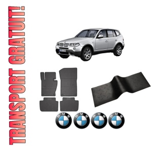 Set 5 covorase auto BMW Seria X3 (E83) din 2010-2015, cu covoras tunel median, presuri auto din cauciuc, 4x Stickere auto cu BMW