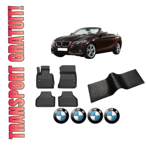 Set 5 covorase auto BMW Seria X4 (F26) din 2012-2017, cu covoras tunel median, presuri auto din cauciuc, 4x Stickere auto cu BMW