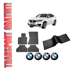 Set 5 covorase auto BMW Seria X6 (F16, F86) din 2012-2022, cu covoras tunel median, presuri auto din cauciuc, 4x Stickere auto cu BMW