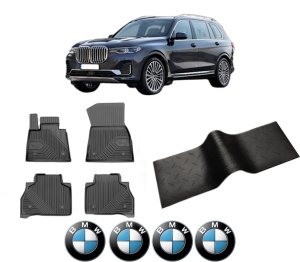 Set 5 covorase auto BMW Seria X7 (G07) din 2008-2020, cu covoras tunel median, presuri auto din cauciuc, 4x Stickere auto cu BMW - Img 2