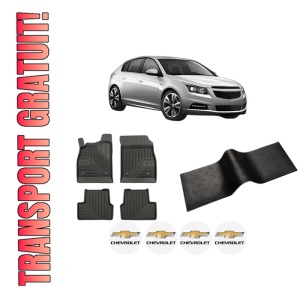 Set 5 covorase auto CHEVROLET CRUZE Hatchback (J305) din 2001-2010, cu covoras tunel median, presuri auto din cauciuc, 4x Stickere auto cu CHEVROLET