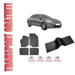 Set 5 covorase auto CITROEN C-ELYSEE (DD_) din 2020-2023, cu covoras tunel median, presuri auto din cauciuc, 4x Stickere auto cu CITROEN