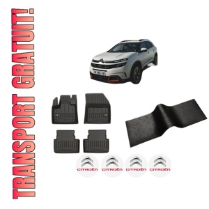 Set 5 covorase auto CITROEN C5 AIRCROSS (A_) din 2001-2006, cu covoras tunel median, presuri auto din cauciuc, 4x Stickere auto cu CITROEN