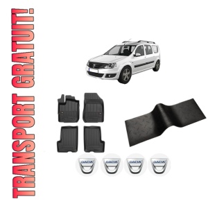 Set 5 covorase auto DACIA LOGAN MCV II din 2009-2015, cu covoras tunel median, presuri auto din cauciuc, 4x Stickere auto cu DACIA