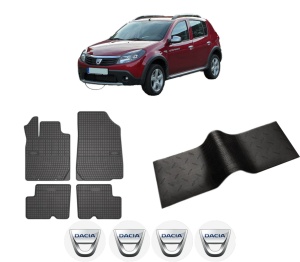 Set 5 covorase auto DACIA SANDERO din 2007-2010, cu covoras tunel median, presuri auto din cauciuc, 4x Stickere auto cu DACIA - Img 2