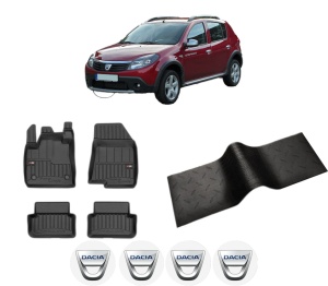 Set 5 covorase auto DACIA SANDERO din 2007-2010, cu covoras tunel median, presuri auto din cauciuc, 4x Stickere auto cu DACIA - Img 2