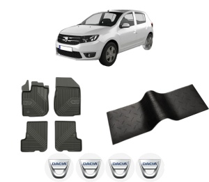 Set 5 covorase auto DACIA SANDERO II din 2000-2007, cu covoras tunel median, presuri auto din cauciuc, 4x Stickere auto cu DACIA - Img 2