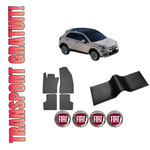 Set 5 covorase auto FIAT 500X (334_) din 2010-2018, cu covoras tunel median, presuri auto din cauciuc, 4x Stickere auto cu FIAT