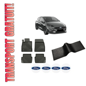 Set 5 covorase auto FORD FIESTA VII (HJ, HF) din 2014-2018, cu covoras tunel median, presuri auto din cauciuc, 4x Stickere auto cu FORD