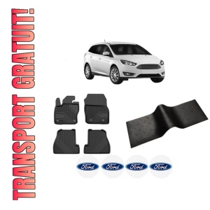 Set 5 covorase auto FORD FOCUS III Estate Van din 2014-2019, cu covoras tunel median, presuri auto din cauciuc, 4x Stickere auto cu FORD
