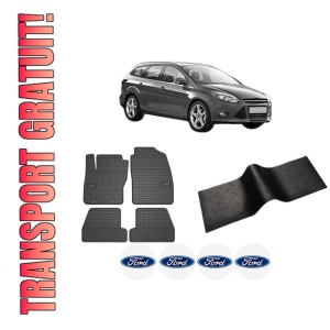 Set 5 covorase auto FORD FOCUS III Turnier din 2011-2015, cu covoras tunel median, presuri auto din cauciuc, 4x Stickere auto cu FORD