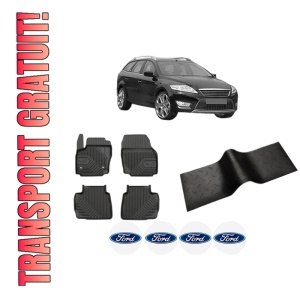 Set 5 covorase auto FORD MONDEO IV (BA7) din 2007-2014, cu covoras tunel median, presuri auto din cauciuc, 4x Stickere auto cu FORD