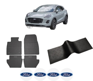 Set 5 covorase auto FORD PUMA (J2K, CF7) din 2009-2016, cu covoras tunel median, presuri auto din cauciuc, 4x Stickere auto cu FORD - Img 2