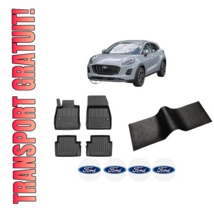 Set 5 covorase auto FORD PUMA (J2K, CF7) din 2009-2016, cu covoras tunel median, presuri auto din cauciuc, 4x Stickere auto cu FORD
