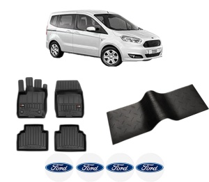 Set 5 covorase auto FORD TOURNEO COURIER B460 MPV din 2018-2024, cu covoras tunel median, presuri auto din cauciuc, 4x Stickere auto cu FORD - Img 2