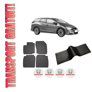 Set 5 covorase auto HONDA CIVIC IX Tourer (FK) din 2020, cu covoras tunel median, presuri auto din cauciuc, 4x Stickere auto cu HONDA