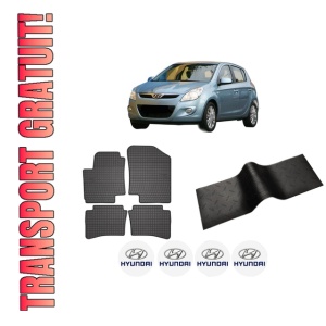 Set 5 covorase auto HYUNDAI i20 I (PB, PBT) din 2013-2022, cu covoras tunel median, presuri auto din cauciuc, 4x Stickere auto cu HYUNDAI