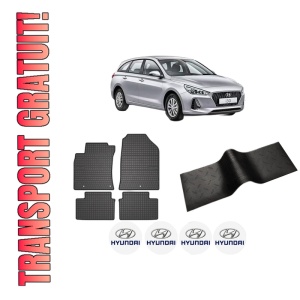 Set 5 covorase auto HYUNDAI i30 Kombi Van (PDE) din 2008-2021, cu covoras tunel median, presuri auto din cauciuc, 4x Stickere auto cu HYUNDAI
