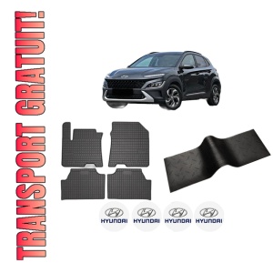 Set 5 covorase auto HYUNDAI KONA SUV Van (OS, OSE, OSI) din 2017-2018, cu covoras tunel median, presuri auto din cauciuc, 4x Stickere auto cu HYUNDAI