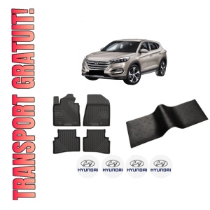 Set 5 covorase auto HYUNDAI TUCSON SUV Van (TLE) din 2005-2015, cu covoras tunel median, presuri auto din cauciuc, 4x Stickere auto cu HYUNDAI