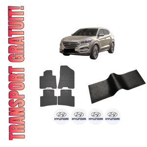 Set 5 covorase auto HYUNDAI TUCSON (TL, TLE) din 2003-2012, cu covoras tunel median, presuri auto din cauciuc, 4x Stickere auto cu HYUNDAI
