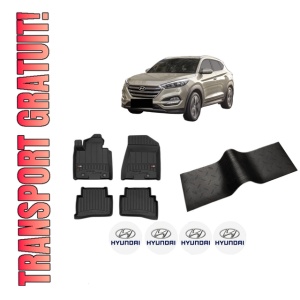 Set 5 covorase auto HYUNDAI TUCSON (TL, TLE) din 2003-2012, cu covoras tunel median, presuri auto din cauciuc, 4x Stickere auto cu HYUNDAI