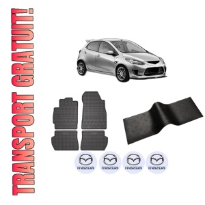 Set 5 covorase auto MAZDA 2 (DE_, DH_) din 2007-2018, cu covoras tunel median, presuri auto din cauciuc, 4x Stickere auto cu MAZDA