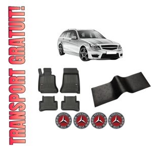 Set 5 covorase auto MERCEDES-BENZ C-CLASS T-Model (S204) din 2010-2013, cu covoras tunel median, presuri auto din cauciuc, 4x Stickere auto cu MERCEDES-BENZ
