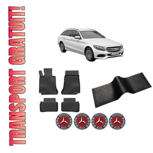 Set 5 covorase auto MERCEDES-BENZ C-CLASS T-Model (S205) din 2006-2014, cu covoras tunel median, presuri auto din cauciuc, 4x Stickere auto cu MERCEDES-BENZ