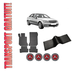 Set 5 covorase auto MERCEDES-BENZ C-CLASS (W204) din 2008-2018, cu covoras tunel median, presuri auto din cauciuc, 4x Stickere auto cu MERCEDES-BENZ