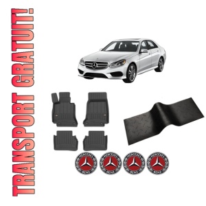 Set 5 covorase auto MERCEDES-BENZ E-CLASS (W213) din 2013-2016, cu covoras tunel median, presuri auto din cauciuc, 4x Stickere auto cu MERCEDES-BENZ