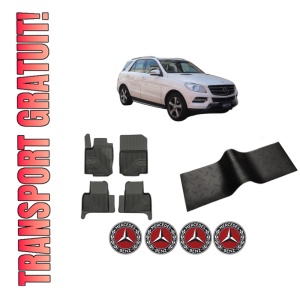 Set 5 covorase auto MERCEDES-BENZ M-CLASS (W166) din 2004-2011, cu covoras tunel median, presuri auto din cauciuc, 4x Stickere auto cu MERCEDES-BENZ