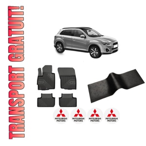 Set 5 covorase auto MITSUBISHI ASX (GA_W_) din 2010-2018, cu covoras tunel median, presuri auto din cauciuc, 4x Stickere auto cu MITSUBISHI