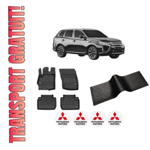 Set 5 covorase auto MITSUBISHI OUTLANDER III Van (GF_W, GG_W) din 2014-2020, cu covoras tunel median, presuri auto din cauciuc, 4x Stickere auto cu MITSUBISHI